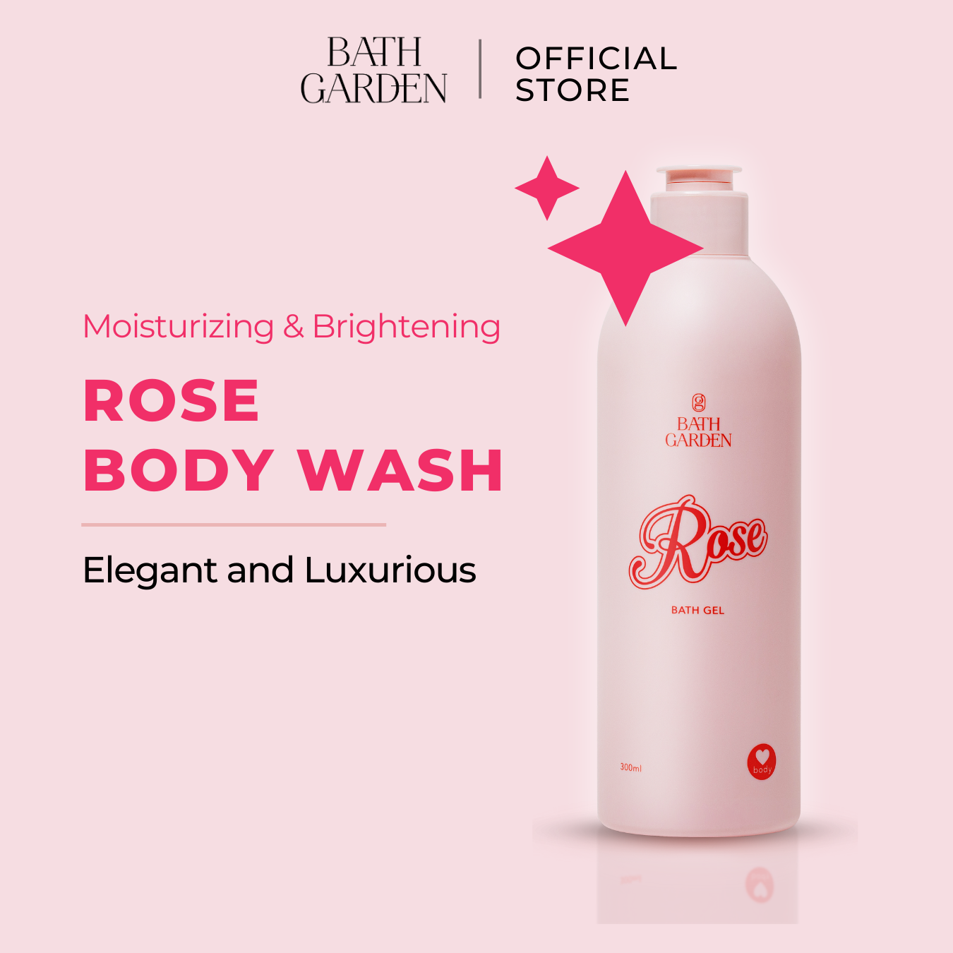 A pink bottle of Bath Garden Rose Body Wash with text highlighting moisturizing and brightening properties, and the scent being elegantly luxurious.