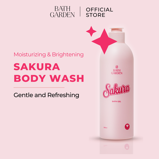 A pink bottle of Sakura Body Wash by Bath Garden, emphasizing moisturizing and brightening properties with text highlighting 'Gentle and Refreshing'.